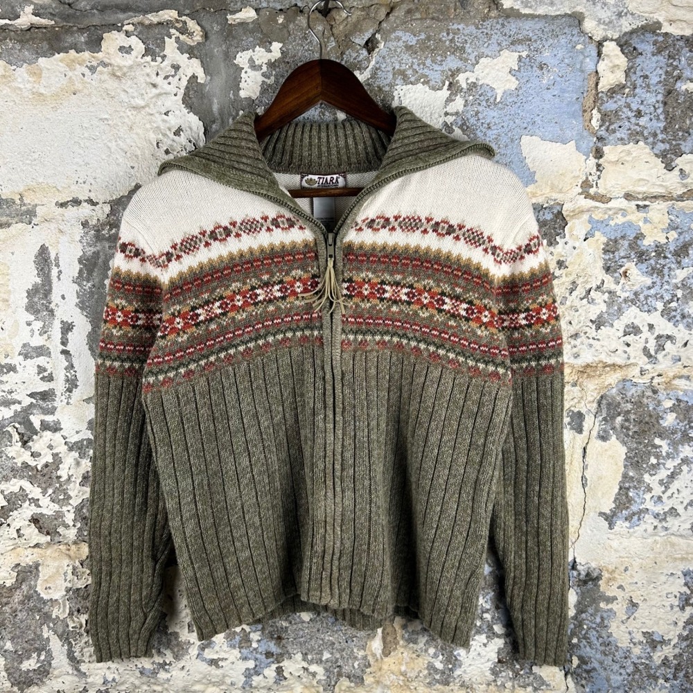 Vintage Tiara International Sweater Knit Fair Isle Full Zip Olive Green Medium